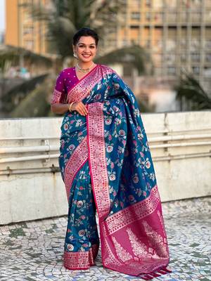Blue faux banarasi silk blend weaving meenakari saree 1