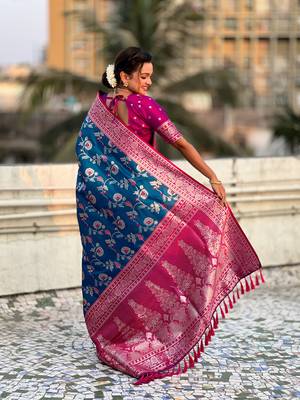 Blue faux banarasi silk blend weaving meenakari saree 2