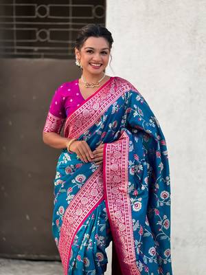 Blue faux banarasi silk blend weaving meenakari saree 3