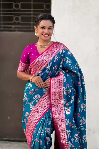 Blue faux banarasi silk blend weaving meenakari saree