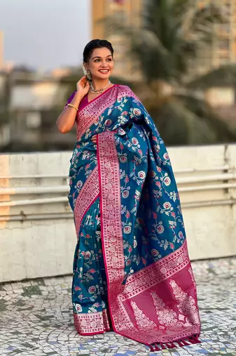 Blue faux banarasi silk blend weaving meenakari saree