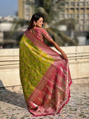 Mahandi faux banarasi silk blend weaving meenakari saree 2