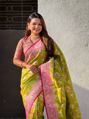 Mahandi faux banarasi silk blend weaving meenakari saree 3