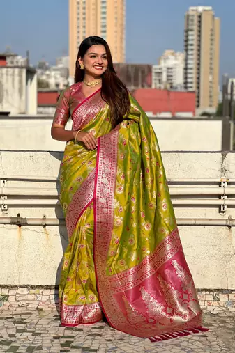 Mahandi faux banarasi silk blend weaving meenakari saree