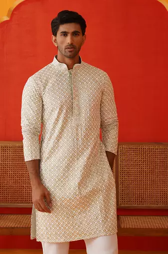 Pista cotton blend embroidered kurta pyjama set