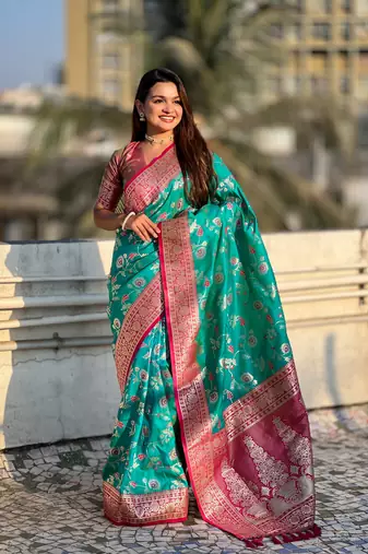 Rama faux banarasi silk blend weaving meenakari saree