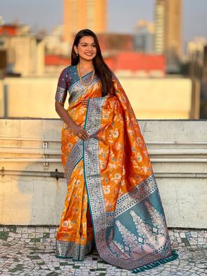 Orange faux banarasi silk blend weaving meenakari saree 1
