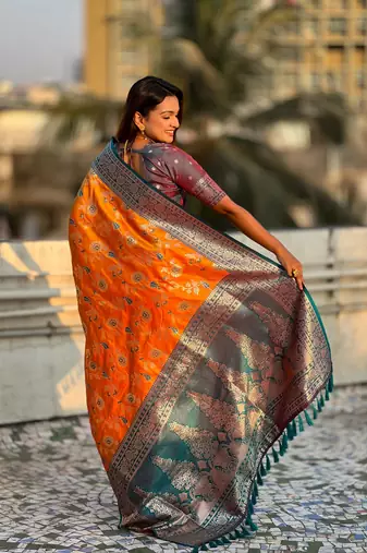 Orange faux banarasi silk blend weaving meenakari saree