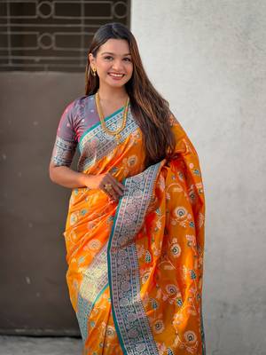 Orange faux banarasi silk blend weaving meenakari saree 3