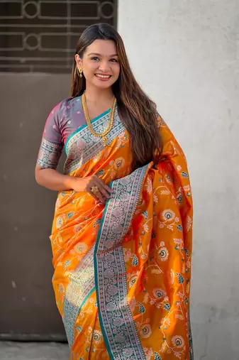 Orange faux banarasi silk blend weaving meenakari saree