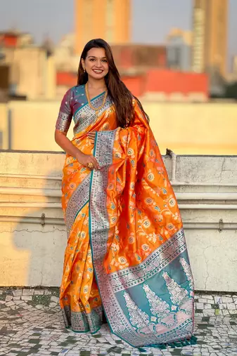 Orange faux banarasi silk blend weaving meenakari saree