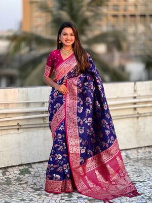 Royal blue faux banarasi silk blend weaving meenakari saree 1