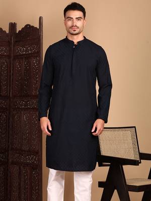 Deep blue solid chikankari kurtahandcrafted 2