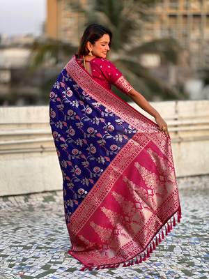 Royal blue faux banarasi silk blend weaving meenakari saree 2