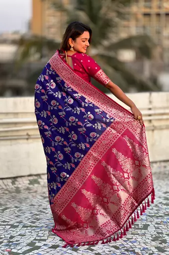 Royal blue faux banarasi silk blend weaving meenakari saree