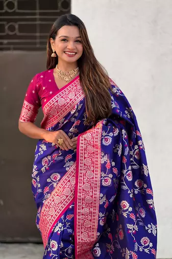 Royal blue faux banarasi silk blend weaving meenakari saree