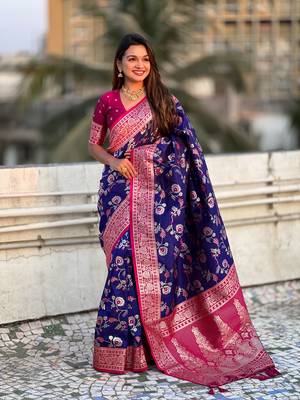Royal blue faux banarasi silk blend weaving meenakari saree 4