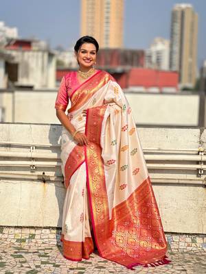 Cream soft silk blend woven meenakari saree 1