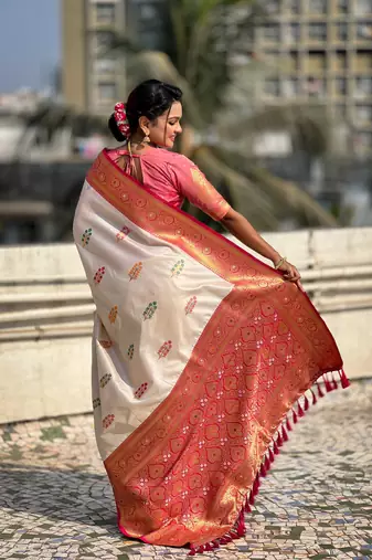 Cream soft silk blend woven meenakari saree