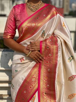 Cream soft silk blend woven meenakari saree 3