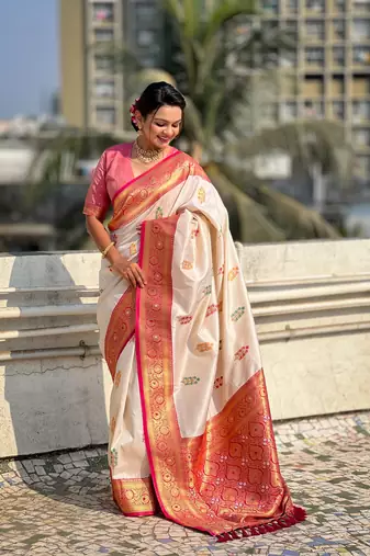 Cream soft silk blend woven meenakari saree