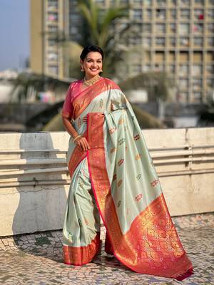 Sea green soft silk blend woven meenakari saree 1