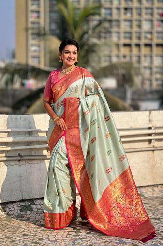 Sea green soft silk blend woven meenakari designer saree