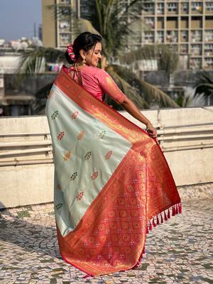 Sea green soft silk blend woven meenakari saree 2