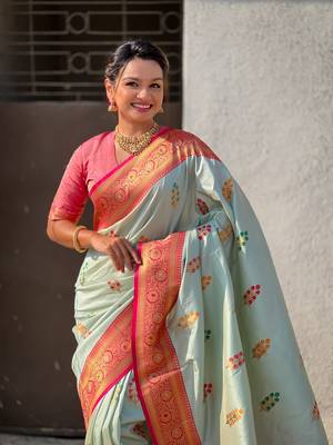 Sea green soft silk blend woven meenakari saree 3