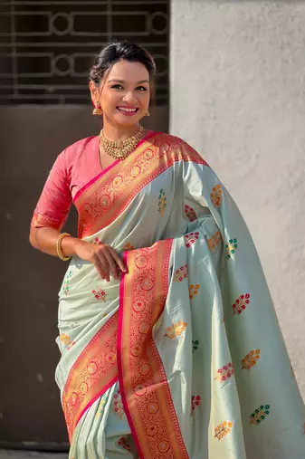 Sea green soft silk blend woven meenakari saree