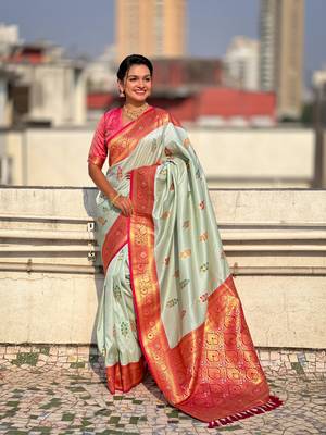 Sea green soft silk blend woven meenakari saree 4