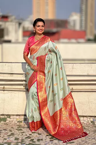 Sea green soft silk blend woven meenakari saree