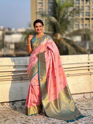 Pink soft silk blend woven meenakari saree 1