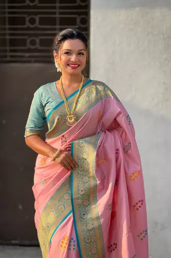 Pink soft silk blend woven meenakari saree