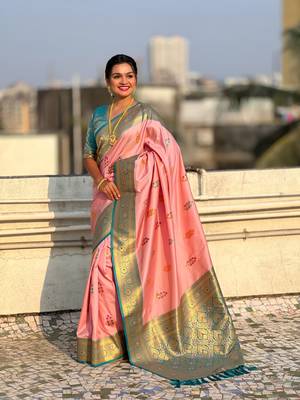 Pink soft silk blend woven meenakari saree 4