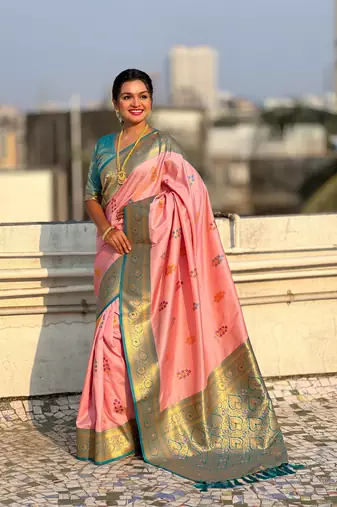 Pink soft silk blend woven meenakari saree