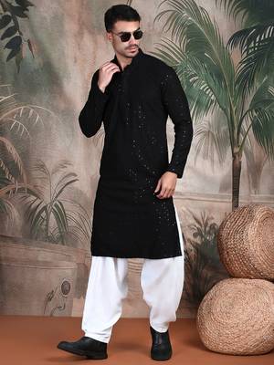 black solid chikankari sequins work kurta 1