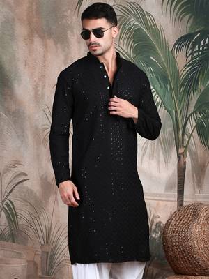 black solid chikankari sequins work kurta 2
