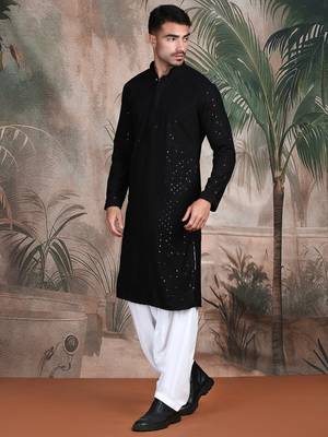 black solid chikankari sequins work kurta 3