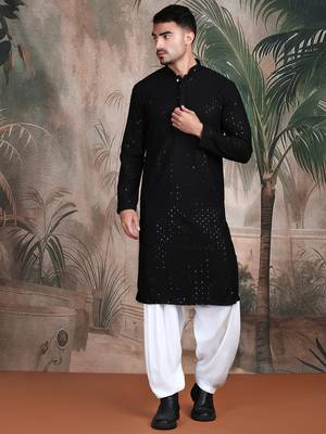 black solid chikankari sequins work kurta 4