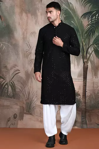 black solid chikankari sequins work kurta