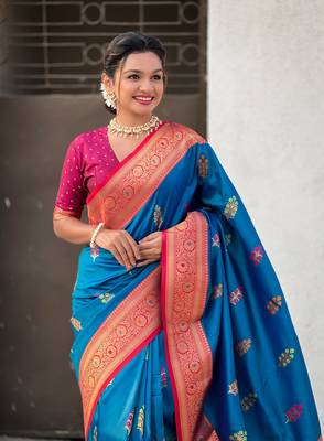 Blue soft silk blend woven meenakari saree 3