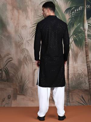 black solid chikankari sequins work kurta 5