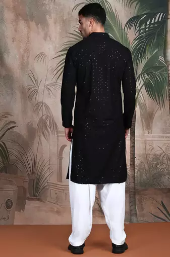 black solid chikankari sequins work kurta