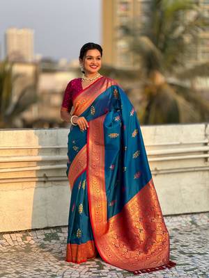 Blue soft silk blend woven meenakari saree 4