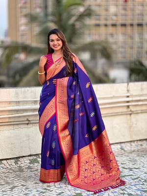 Purple soft silk blend woven meenakari saree 1