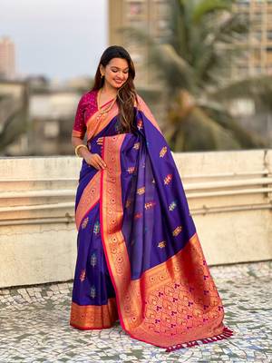 Purple soft silk blend woven meenakari saree 4