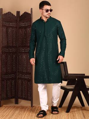 Deep green shimmering sequin exquisite chikankari work kurta 1