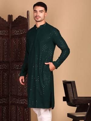 Deep green shimmering sequin exquisite chikankari work kurta 2