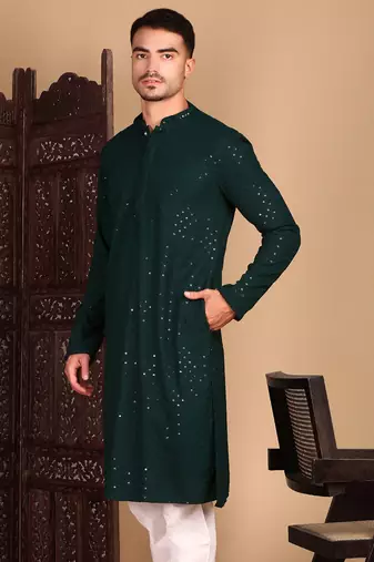 Deep green shimmering sequin exquisite chikankari work kurta